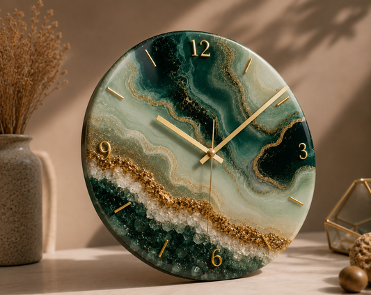 Emerald Geode Resin Art Wall Clock