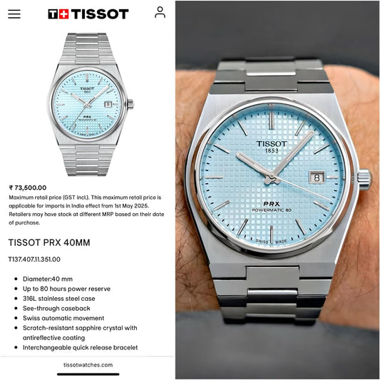 Tissot PRX Powermatic 80 Mens Watch Sky Blue Dial