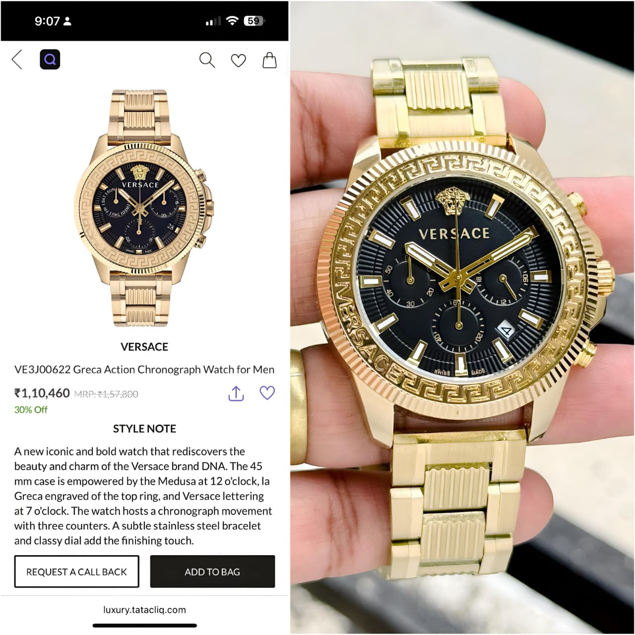 Versace Greca Action Chronograph Watch for Men's