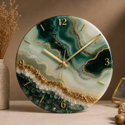 Emerald Geode Resin Art Wall Clock