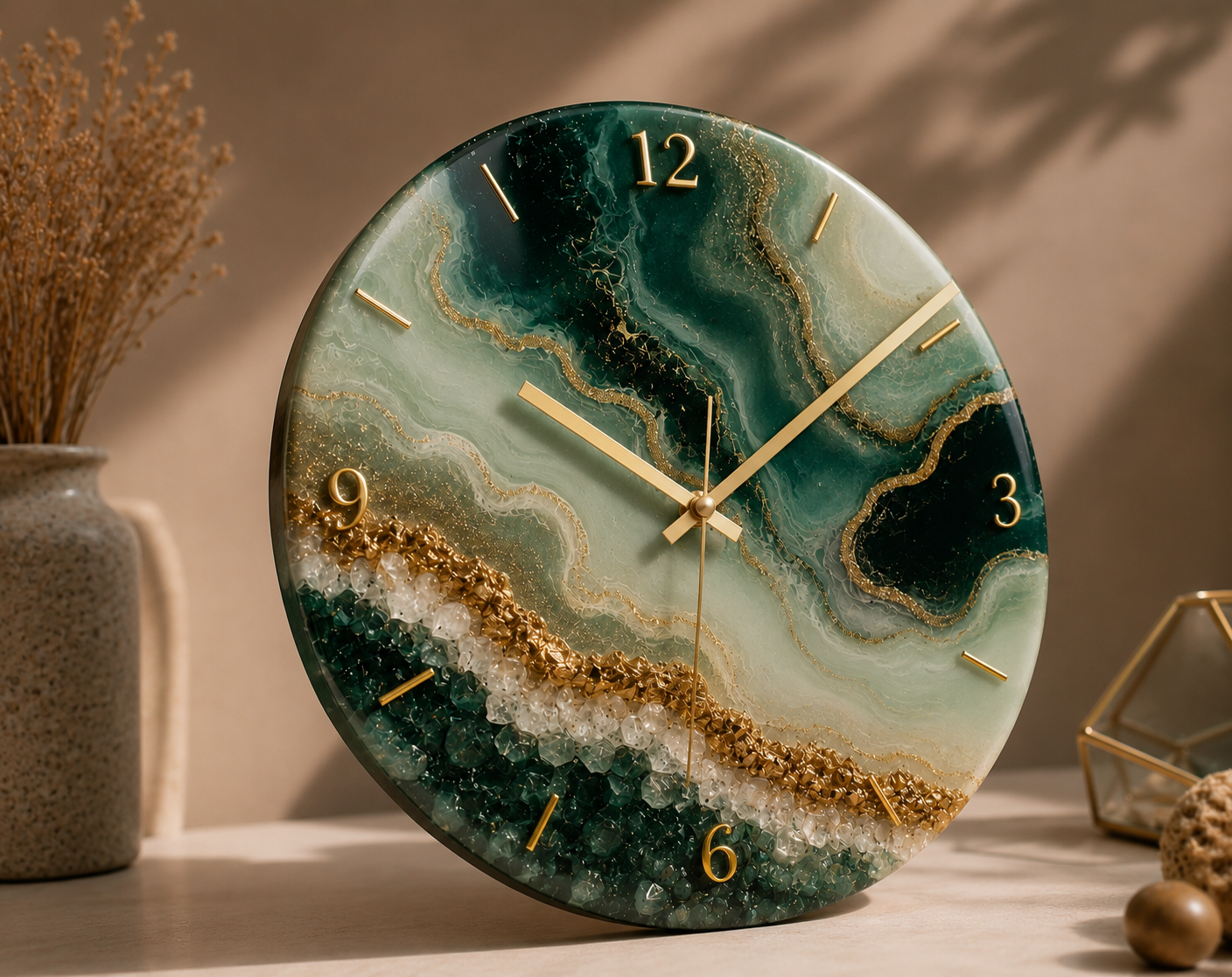 Emerald Geode Resin Art Wall Clock