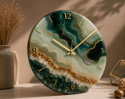 Emerald Geode Resin Art Wall Clock