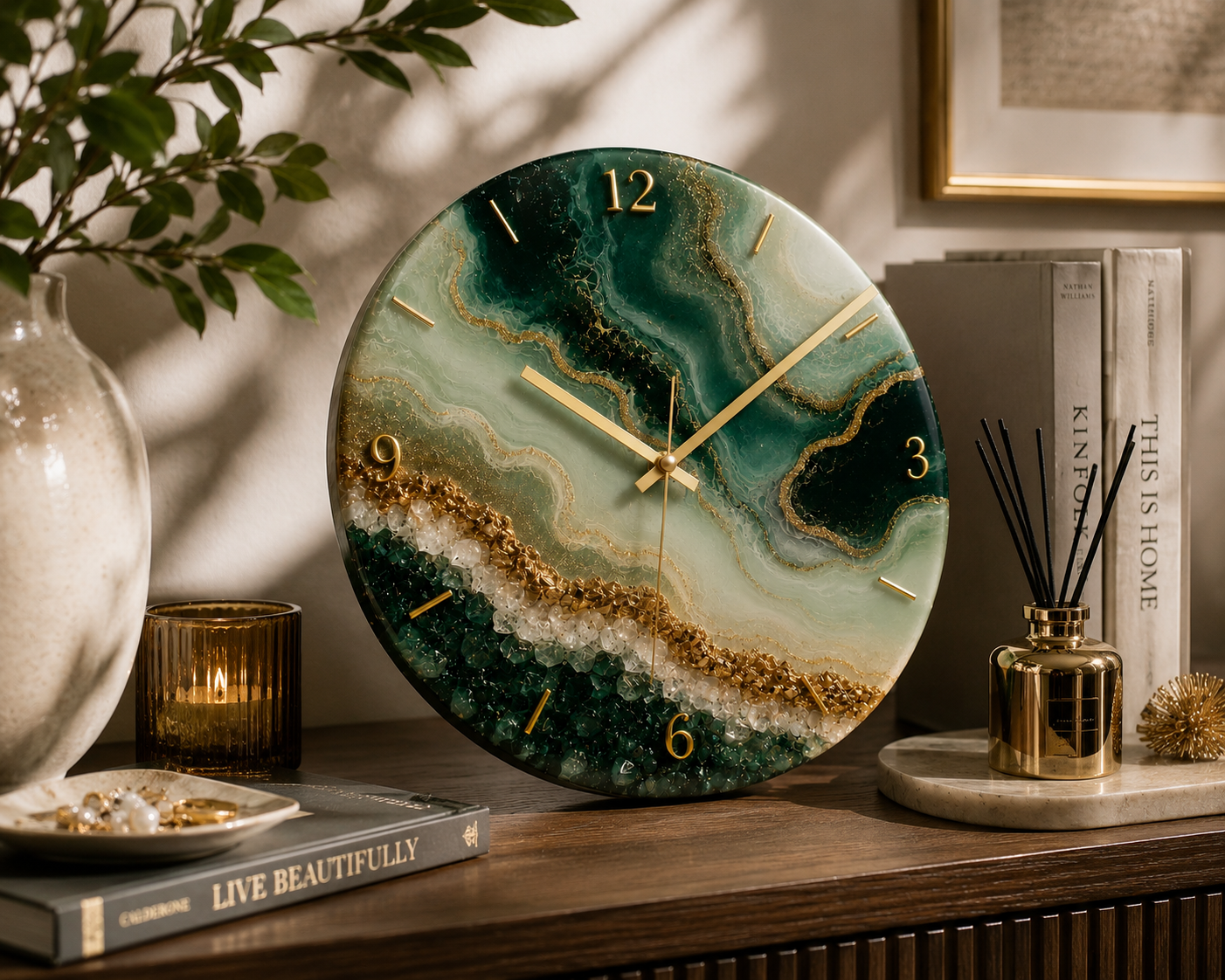 Emerald Geode Resin Art Wall Clock