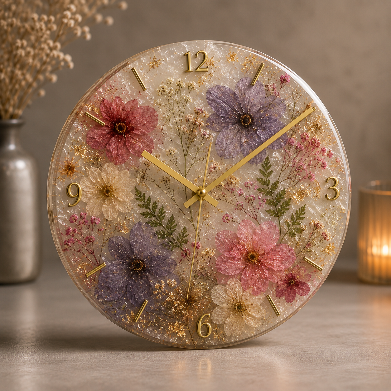 Pressed Flower Resin Art Wall Clock