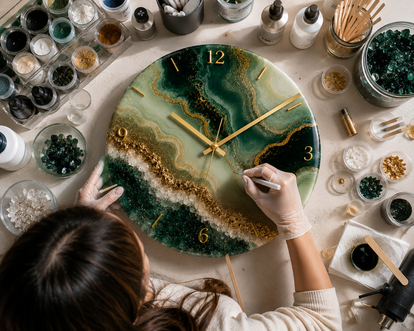 Emerald Geode Resin Art Wall Clock