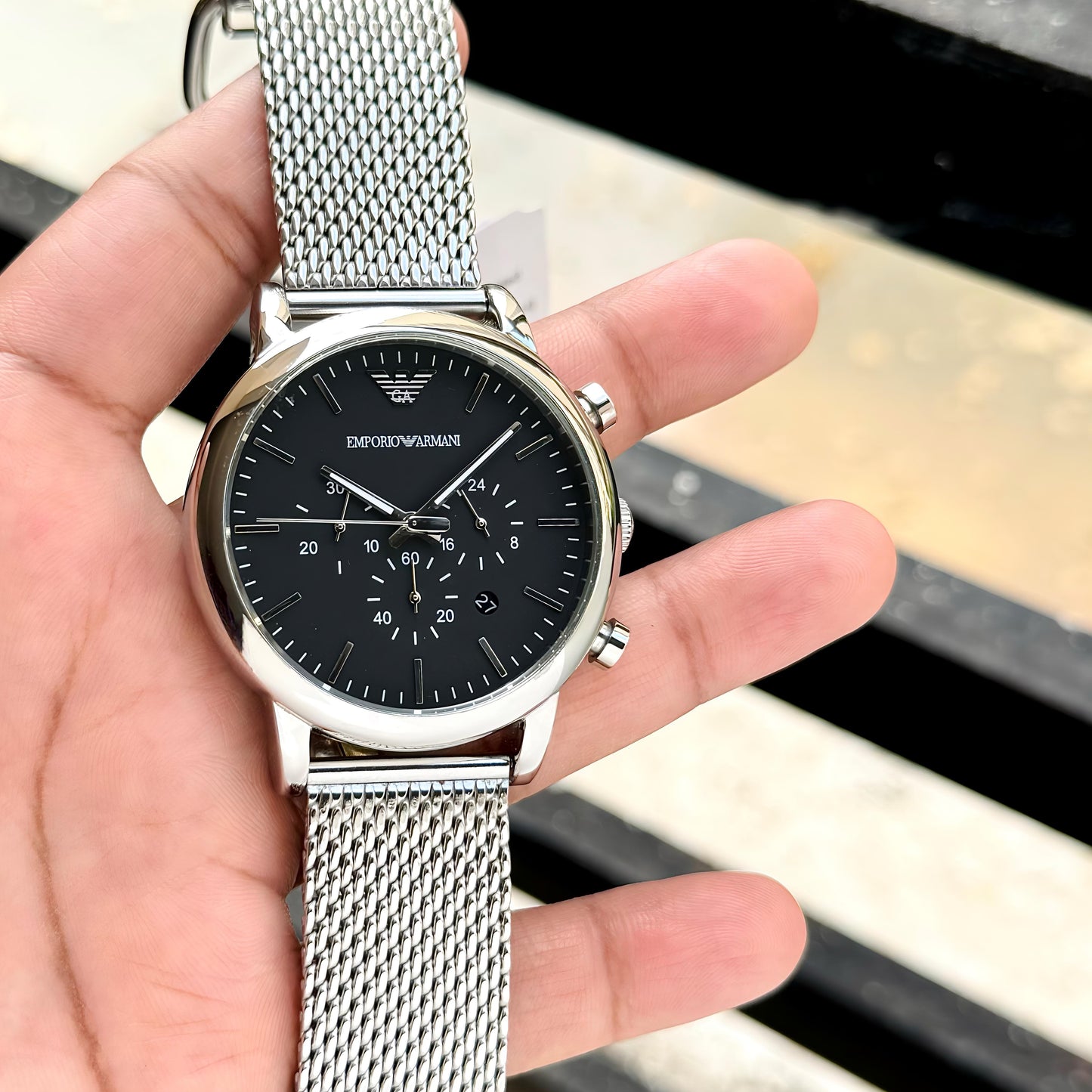 Emporio Armani AR1808, Stainless Steel Analog Black Dial Men Watch, Silver Band