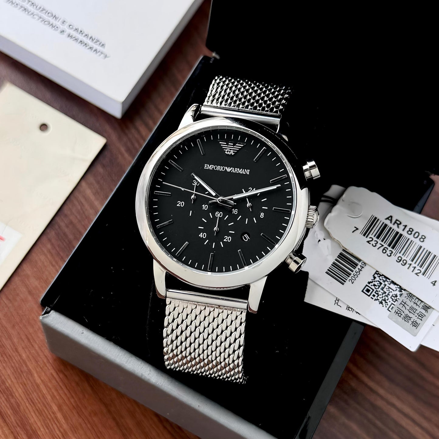 Emporio Armani AR1808, Stainless Steel Analog Black Dial Men Watch, Silver Band