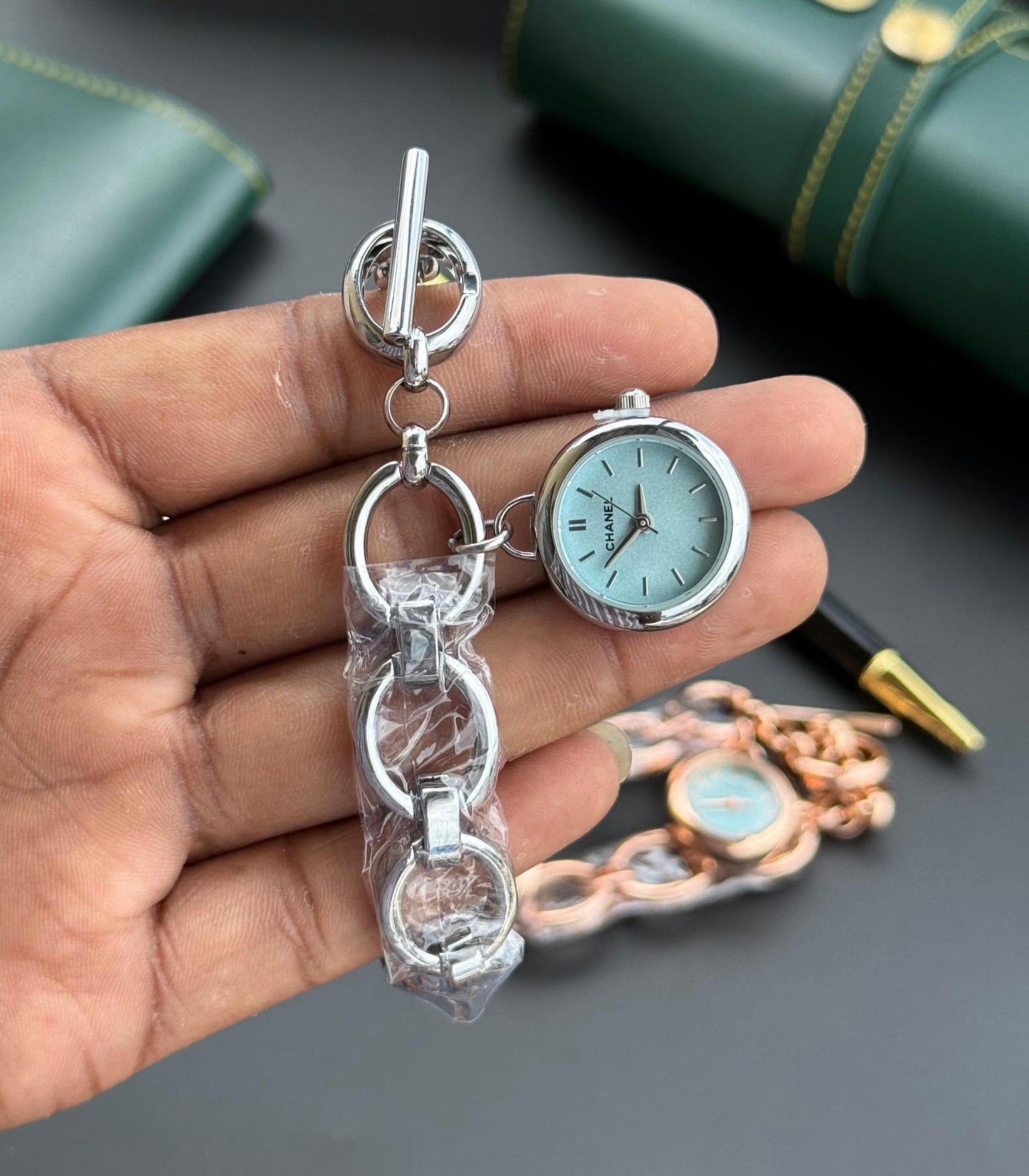 CHANEL Women's Silver Chain-Link Bracelet Watch With Pewter Blue Dial