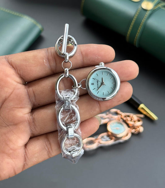 CHANEL Women's Silver Chain-Link Bracelet Watch With Pewter Blue Dial