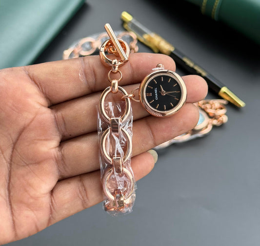 CHANEL Women's Rose Gold Chain-Link Bracelet Watch With Black Dial