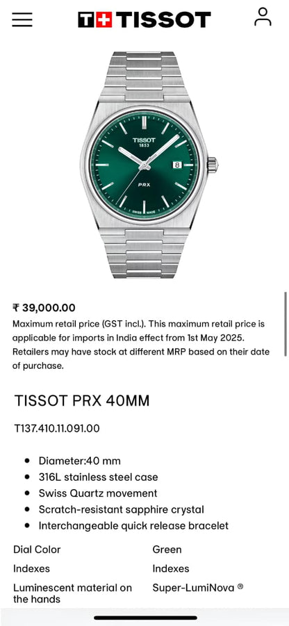 Tissot PRX Swiss Quartz Green Dial