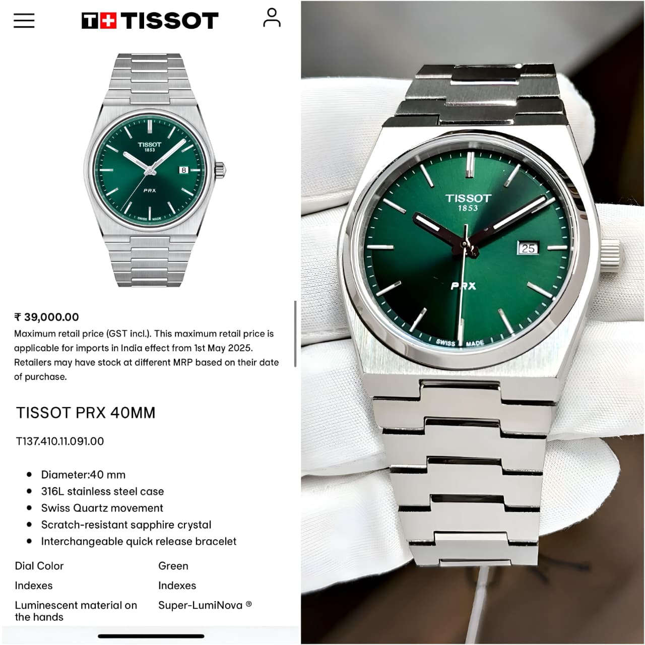 Tissot PRX Swiss Quartz Green Dial