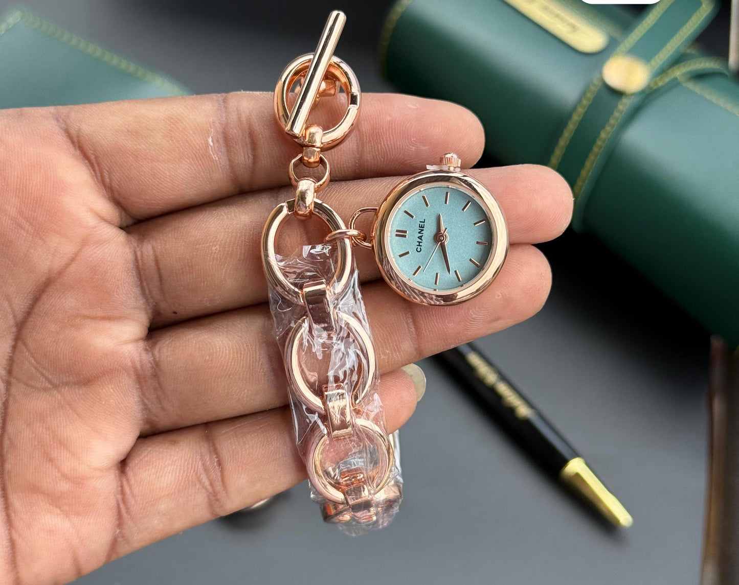 CHANEL Women's Rose Gold Chain-Link Bracelet Watch With Pewter Blue Dial