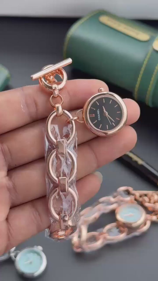 CHANEL Women's Rose Gold Chain-Link Bracelet Watch With Black Dial